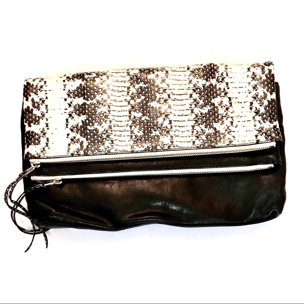 VC Signature Snake Print Leather Double Zip Oversized Clutch
